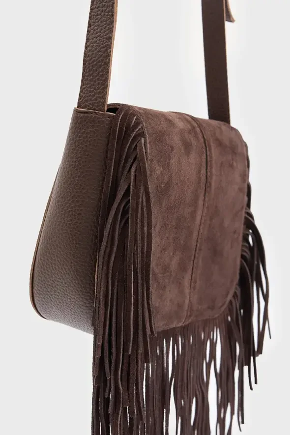 Suede Bag with Tassels - Brown - 2