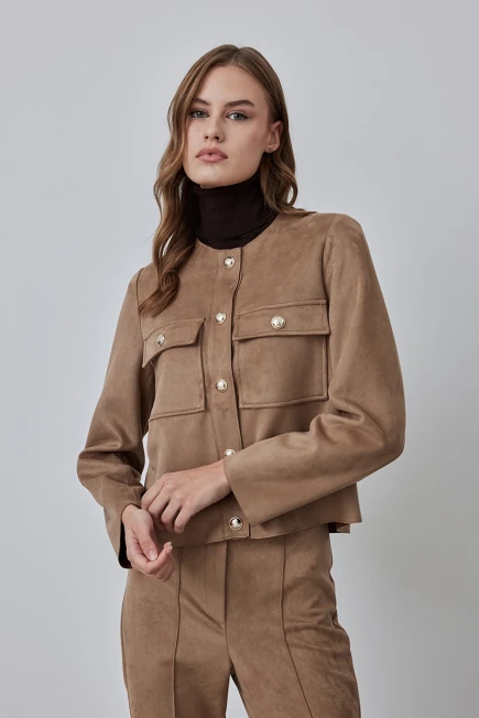 Suede Jacket with Snap Front - Beige Beige