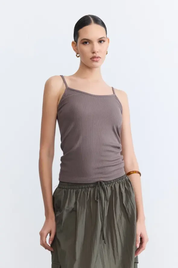 Thin-Strap Viscose Tank Top - Brown - 1