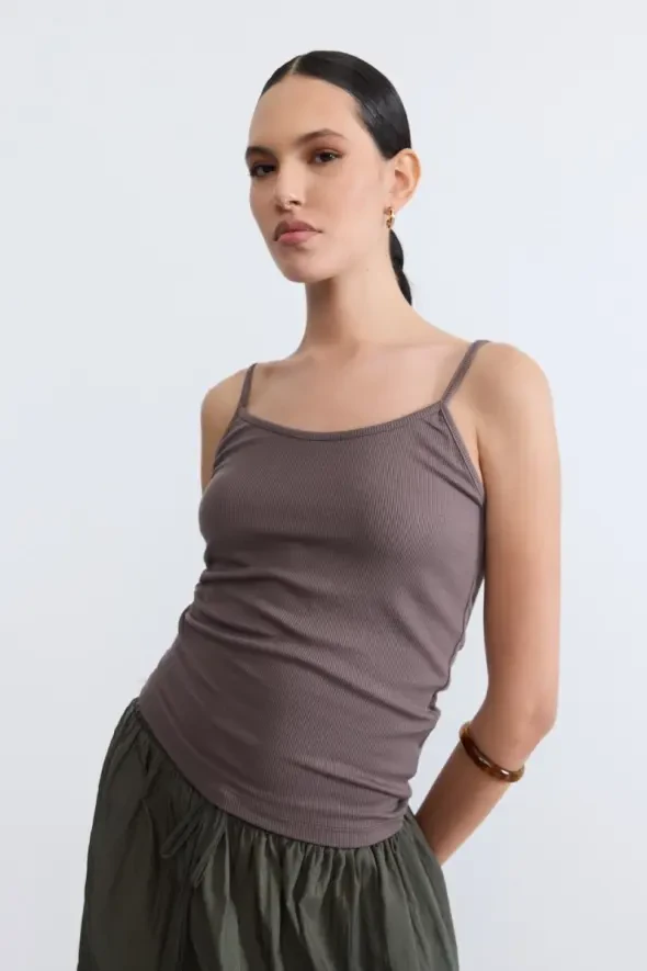 Thin-Strap Viscose Tank Top - Brown - 3
