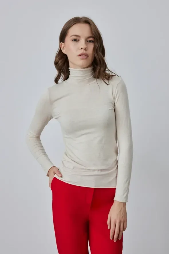 Turtleneck Cashmere Blouse - Beige - 2