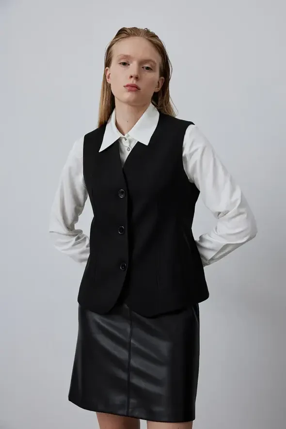 V-Neck Fabric Vest - Black - 3