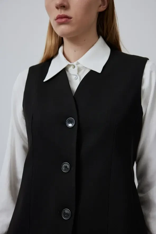 V-Neck Fabric Vest - Black - 5