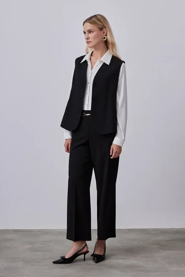 V-Neck Fabric Vest - Black - 4