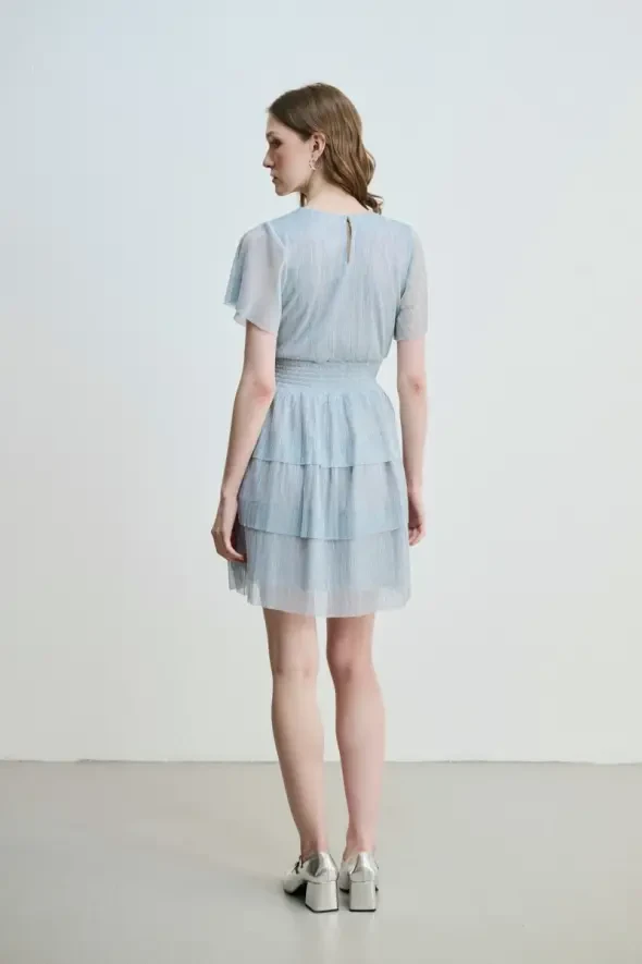 V-Neck Layered Lurex Evening Dress - Blue - 7