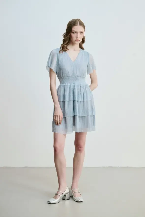 V-Neck Layered Lurex Evening Dress - Blue - 4