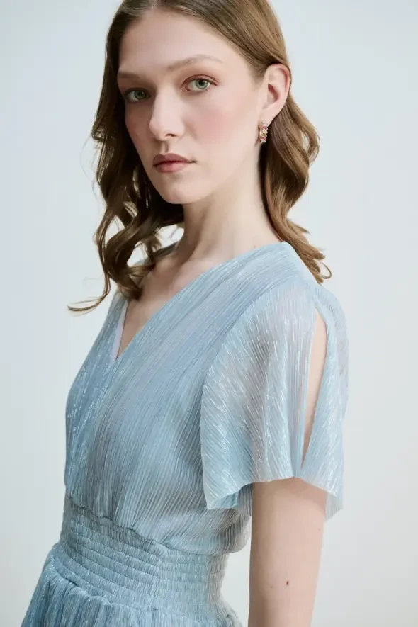 V-Neck Layered Lurex Evening Dress - Blue - 2