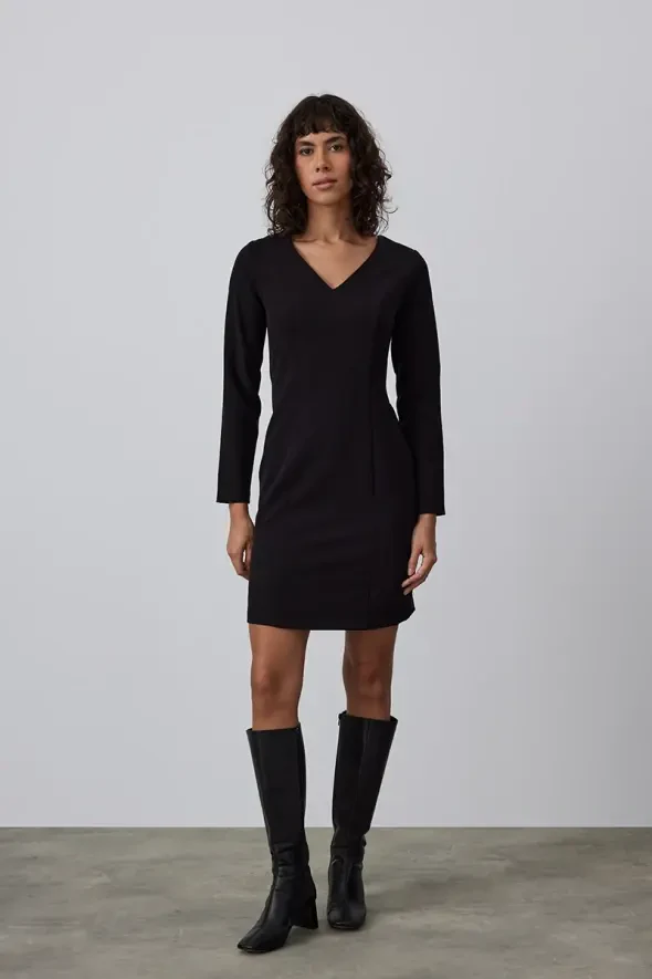V Neck Lycra Midi Dress - Black - 1