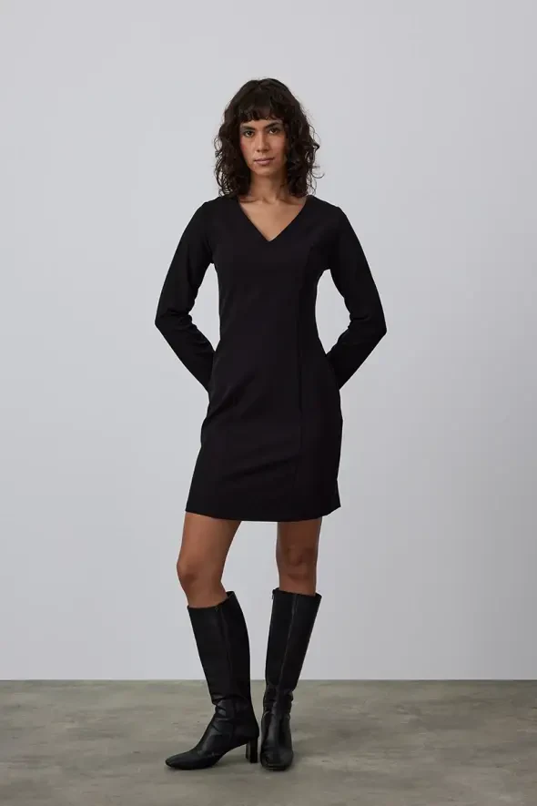 V Neck Lycra Midi Dress - Black - 2