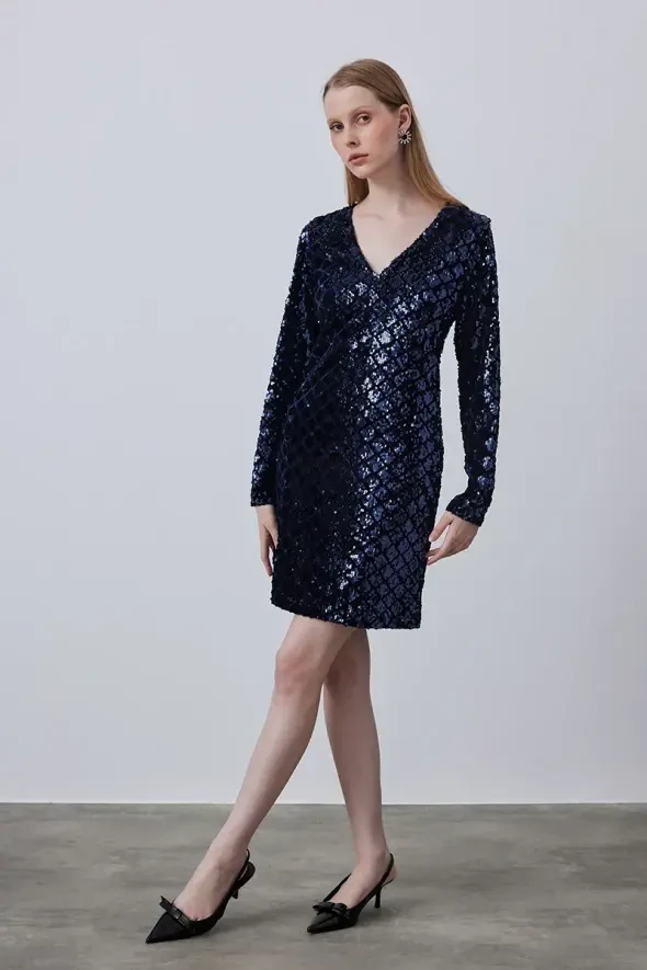 V Neck Sequin Dress - Navy - 4
