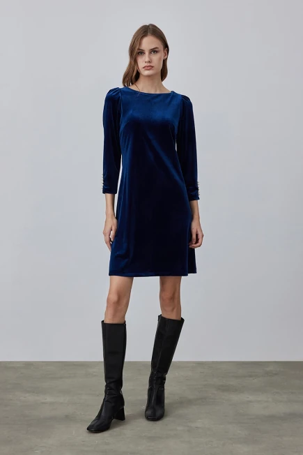 Velvet Dress with Pearl Buttons on Sleeves - Navy Blue Navy Blue