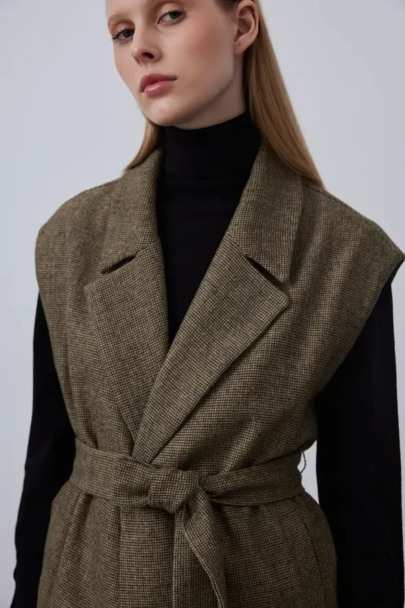 Woolen Vest with Belted Waist - Khaki - 4