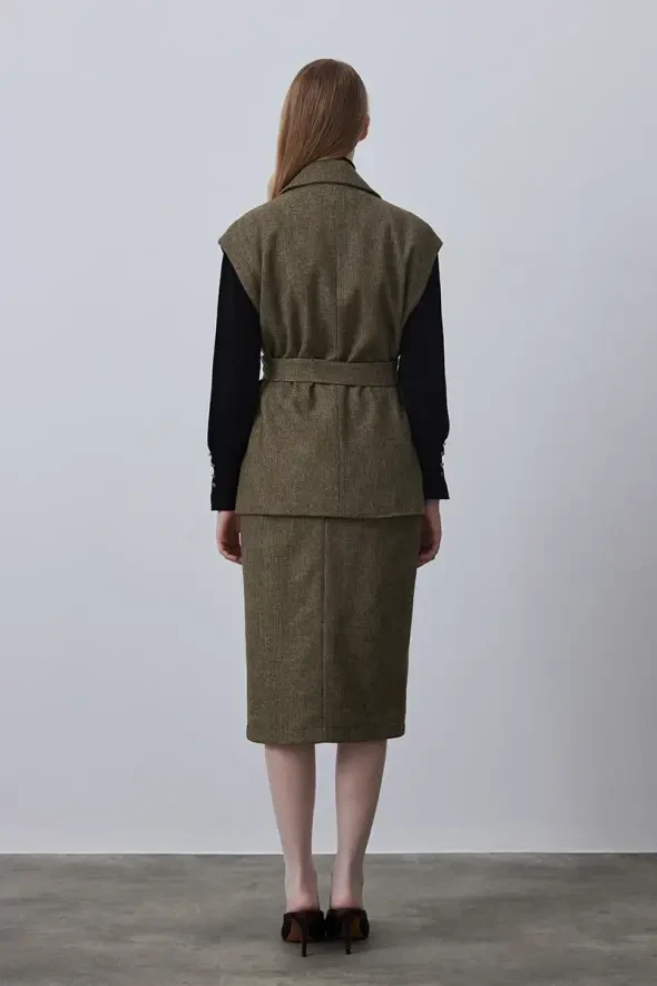 Woolen Vest with Belted Waist - Khaki - 5