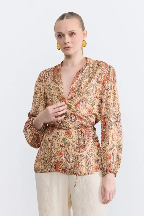 Wrap Cut Patterned Blouse - Orange - 1