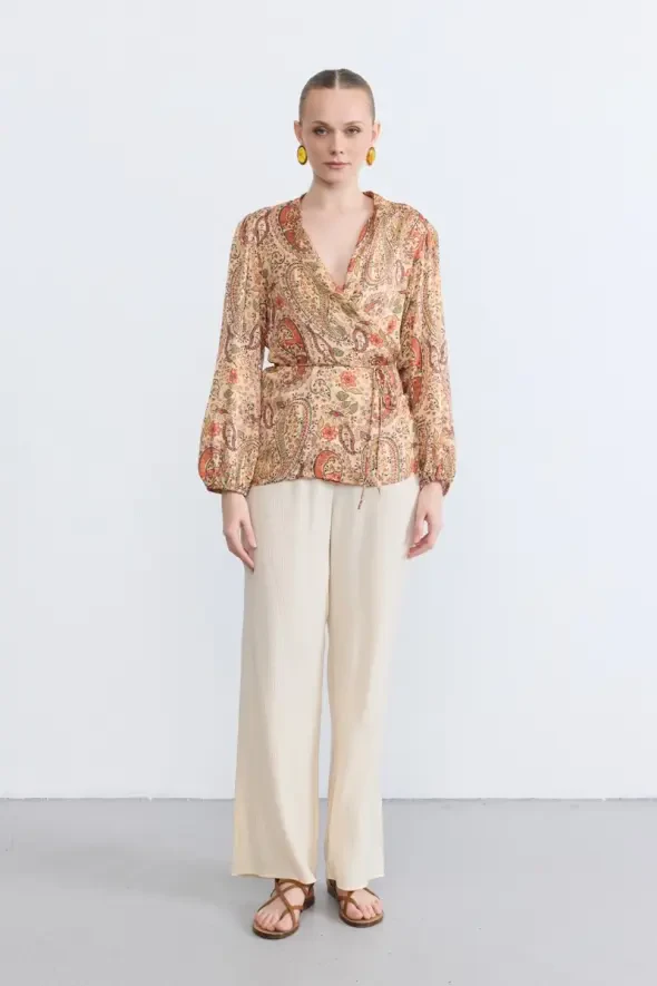 Wrap Cut Patterned Blouse - Orange - 2