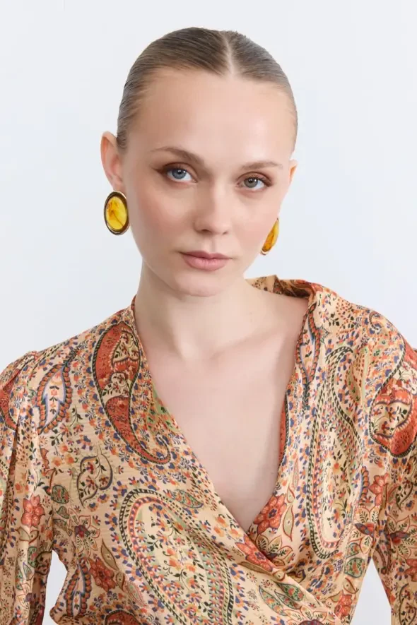 Wrap Cut Patterned Blouse - Orange - 3