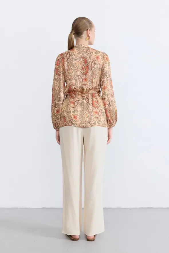 Wrap Cut Patterned Blouse - Orange - 5