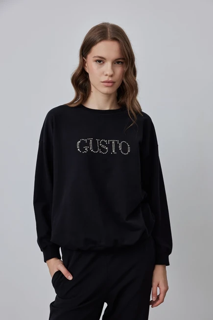 Gusto Taş İşlemeli Sweatshirt - Siyah Siyah