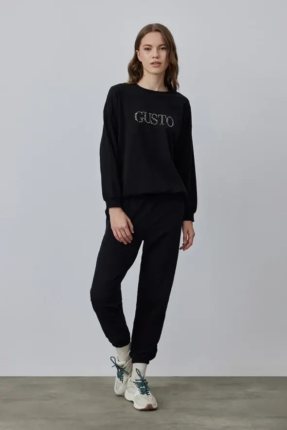 Gusto Taş İşlemeli Sweatshirt - Siyah - 3