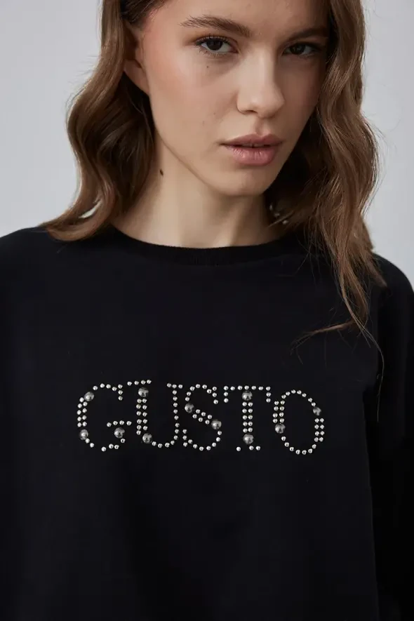 Gusto Taş İşlemeli Sweatshirt - Siyah - 4