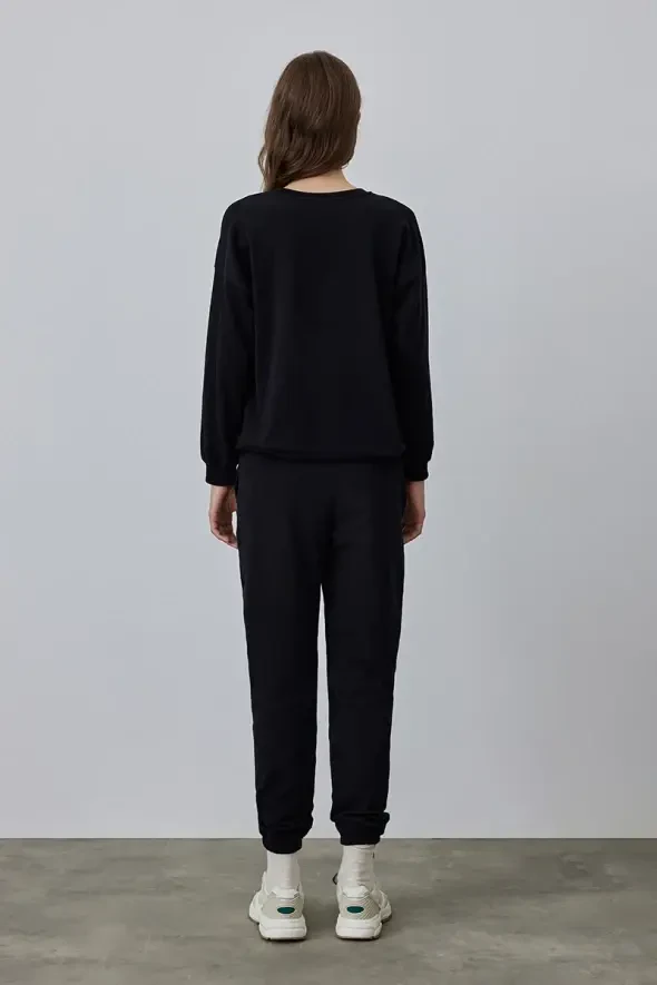 Gusto Taş İşlemeli Sweatshirt - Siyah - 5