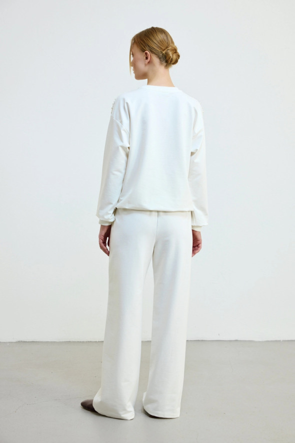 İnci Detaylı Pamuklu Sweatshirt - Ekru - 4