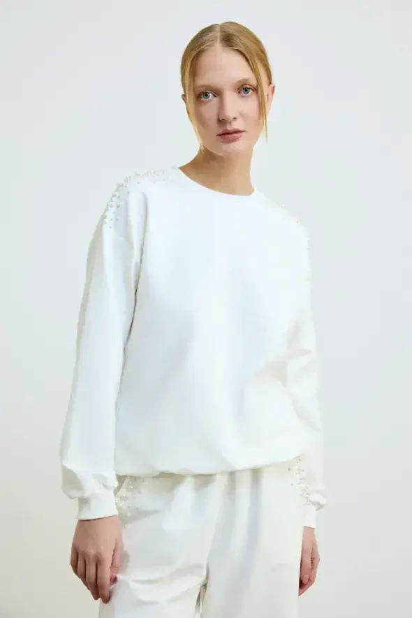 İnci Detaylı Pamuklu Sweatshirt - Ekru - 1