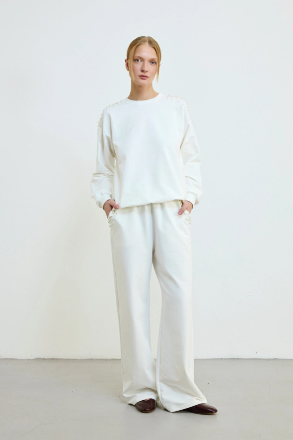 İnci Detaylı Pamuklu Sweatshirt - Ekru - 2