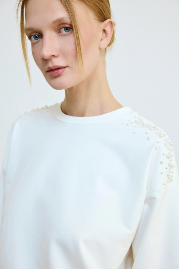 İnci Detaylı Pamuklu Sweatshirt - Ekru - 3
