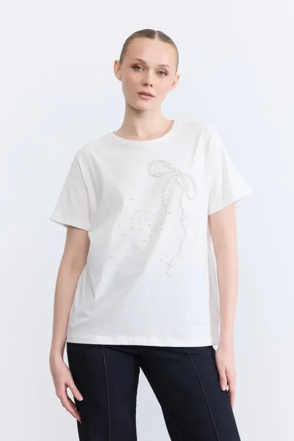 İnci İşlemeli Pamuk T-Shirt - Ekru - 1