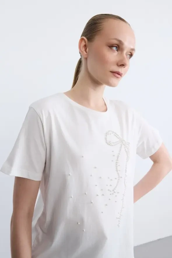 İnci İşlemeli Pamuk T-Shirt - Ekru - 2