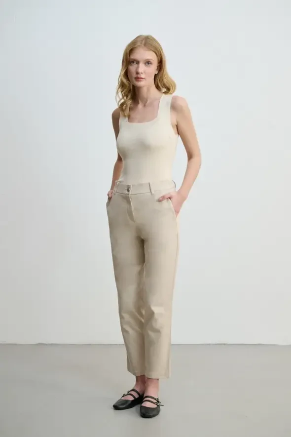 Kanvas Mom Pantolon - Bej - 1