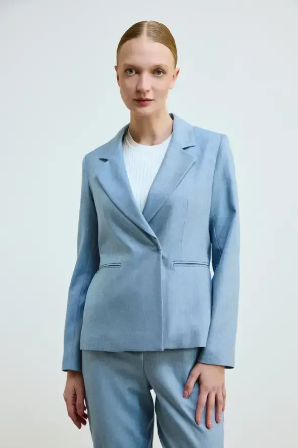 Keten Karışımlı Blazer Ceket - Mavi - 1
