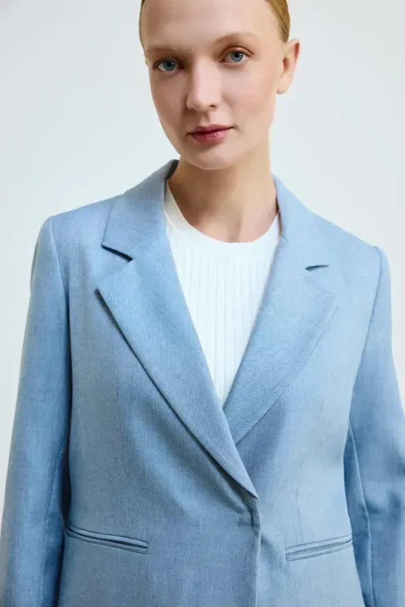 Keten Karışımlı Blazer Ceket - Mavi - 2
