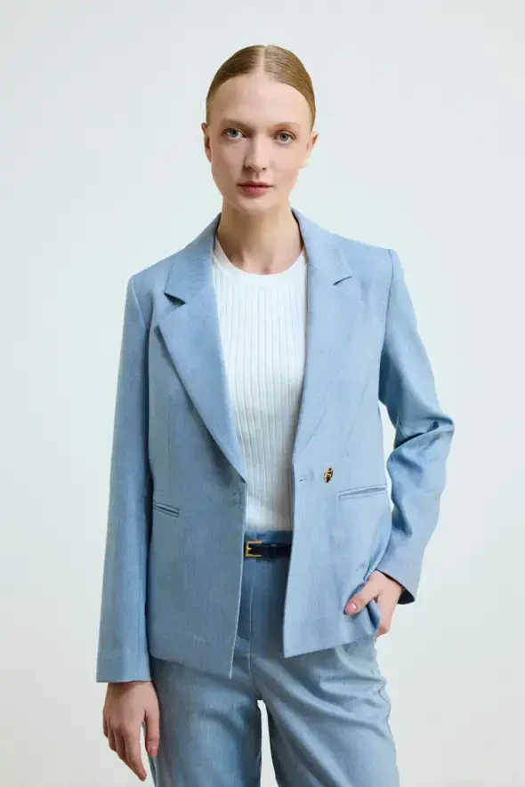 Keten Karışımlı Blazer Ceket - Mavi - 3
