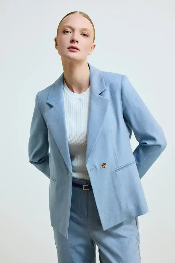 Keten Karışımlı Blazer Ceket - Mavi - 4