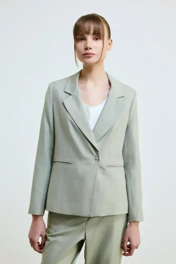 Keten Karışımlı Blazer Ceket - Yeşil - 1