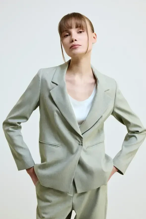 Keten Karışımlı Blazer Ceket - Yeşil - 2