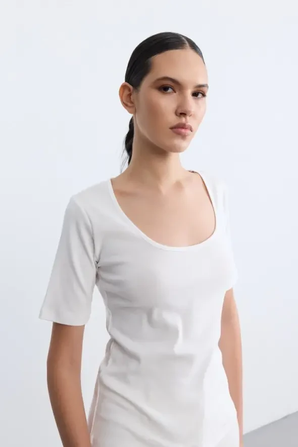 Kısa Kollu Pamuk T-Shirt - Ekru - 1