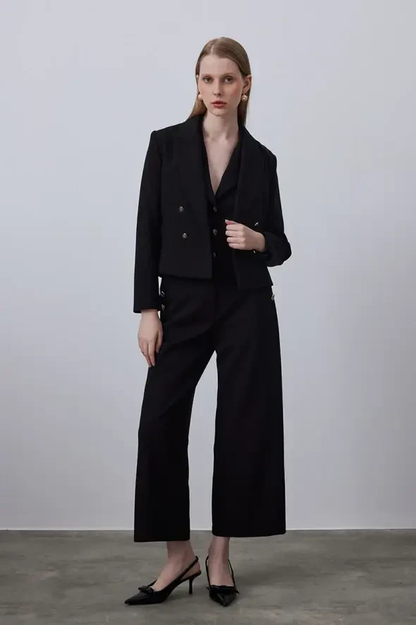 Kruvaze Blazer Ceket - Siyah - 4