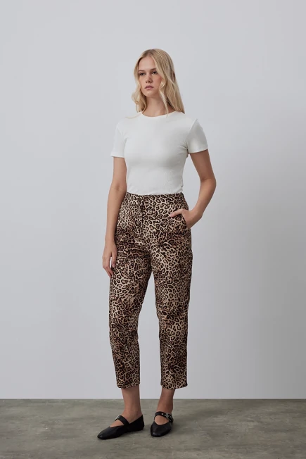 Leopar Desenli Mom Pantolon - Kahverengi Kahverengi
