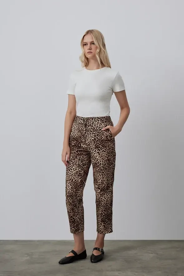 Leopar Desenli Mom Pantolon - Kahverengi - 1