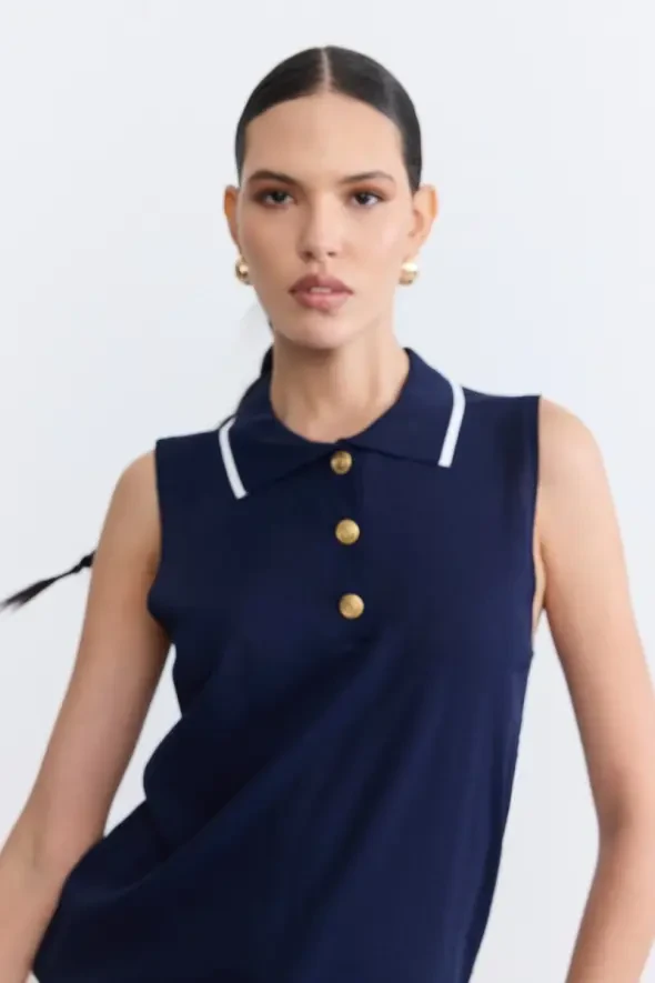 Polo Yaka Düğmeli Kolsuz Merserize Triko Bluz - Lacivert - 2