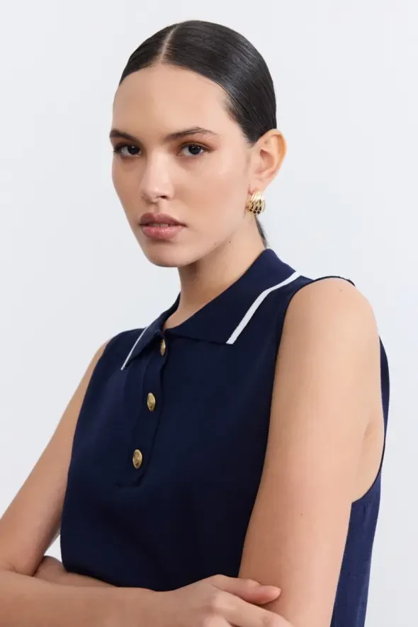 Polo Yaka Düğmeli Kolsuz Merserize Triko Bluz - Lacivert - 4