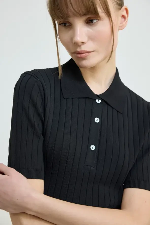 Polo Yaka Kısa Kollu Triko Bluz - Siyah - 2