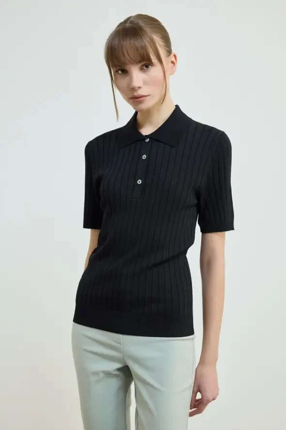 Polo Yaka Kısa Kollu Triko Bluz - Siyah - 4