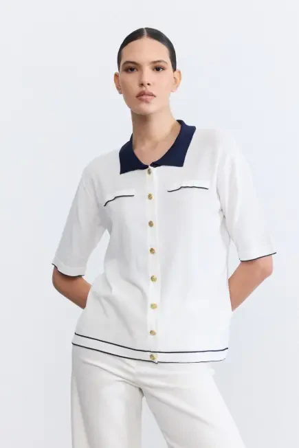 Polo Yaka Merserize Bluz - Ekru Ekru