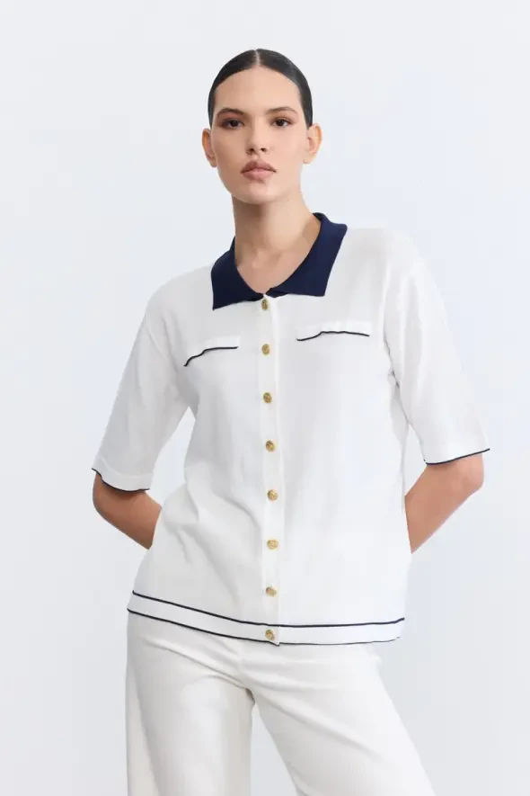 Polo Yaka Merserize Bluz - Ekru - 1