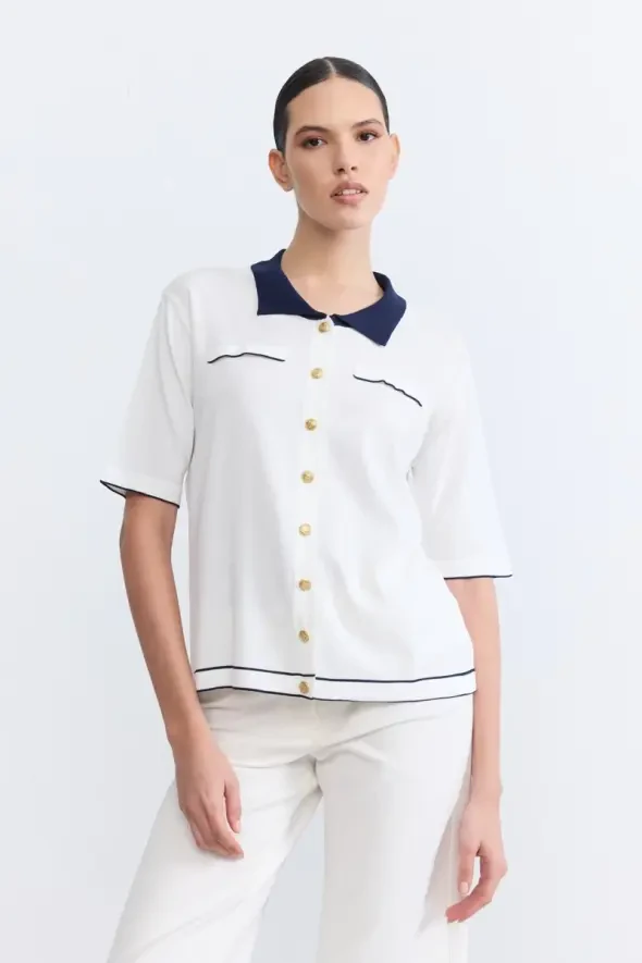 Polo Yaka Merserize Bluz - Ekru - 2