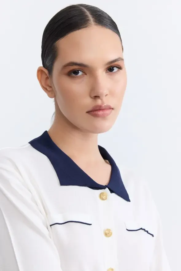 Polo Yaka Merserize Bluz - Ekru - 3